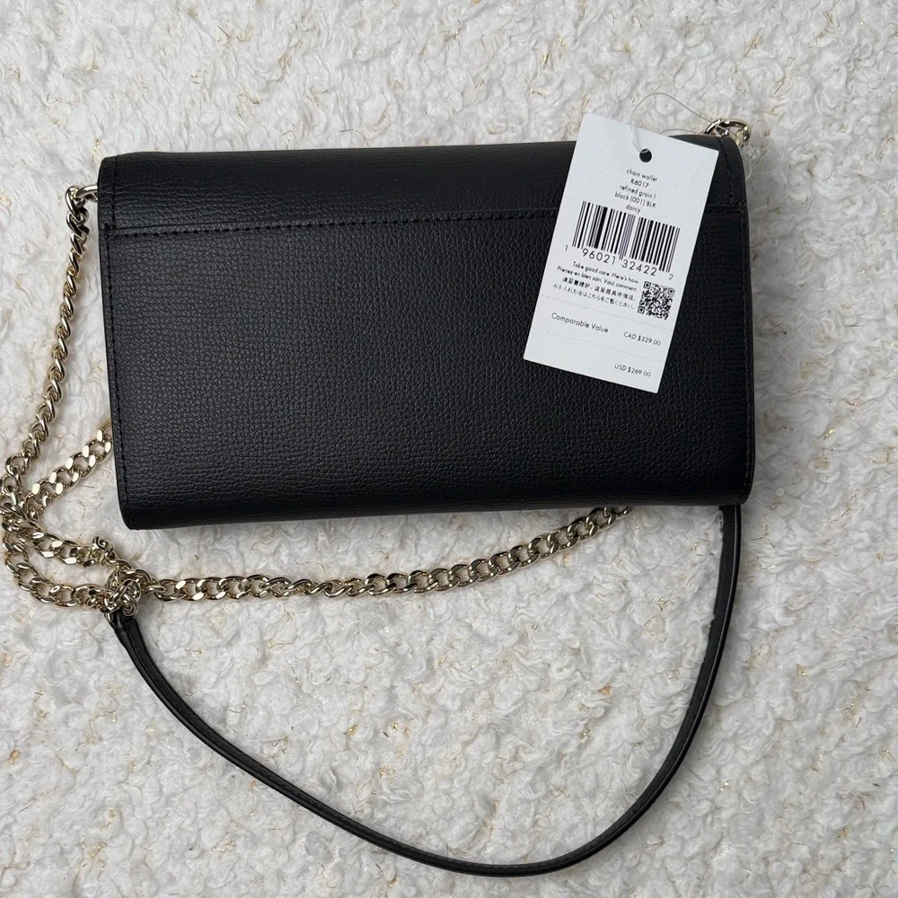 Kate‎ Spade Black Leather Chain Wallet with Cream Interior crossbody